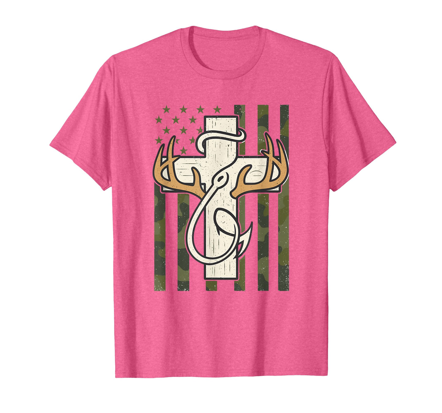 Cross Antlers Fishing Hook Camo Flag Christian Hunter T-Shirt