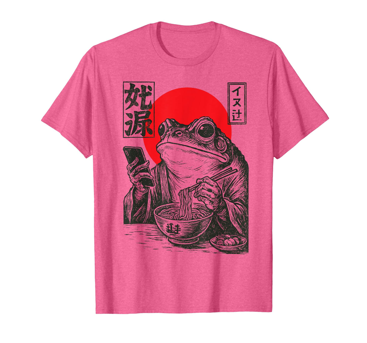 Funny Grumpy Frog Eat Ramen and Scroll Phone Japanese Art T-Shirt
