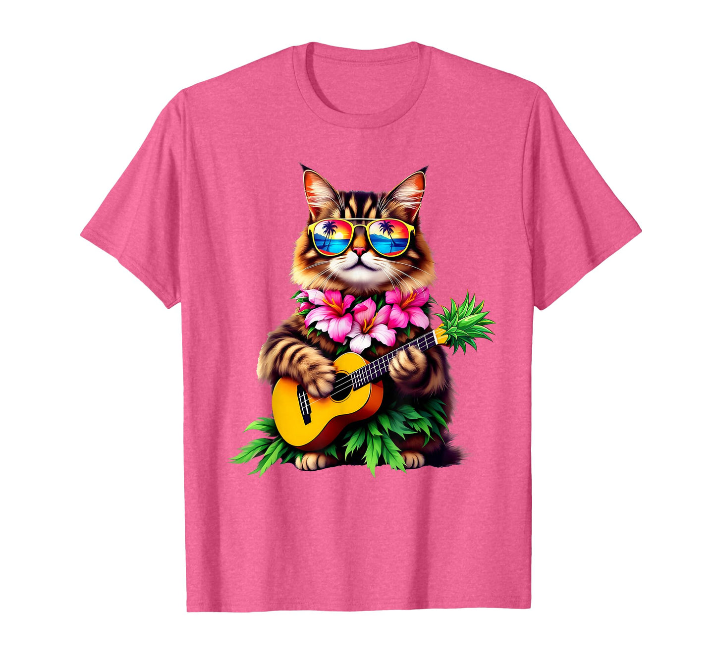 Hawaiian Maine Coon Cat & Pineapple Ukulele Summer Vacation T-Shirt