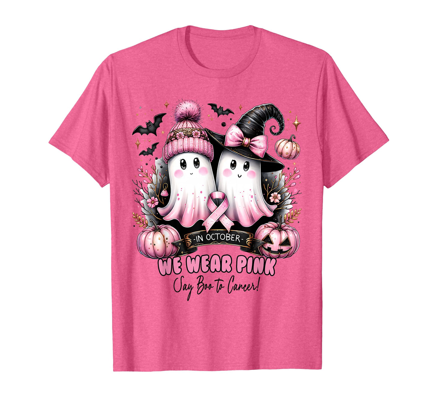 in October We Wear Pink Ghost Witch Breast Cancer Awareness T-Shirt