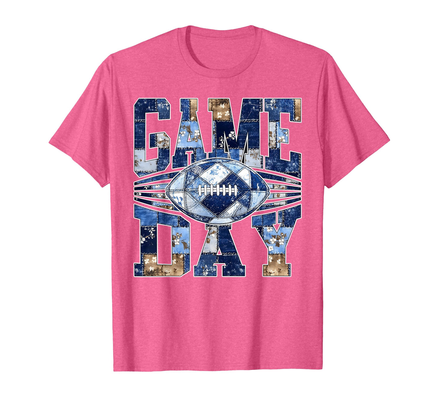 Patchwork Blue Denim Game Day Football Touchdown Season T-Shirt