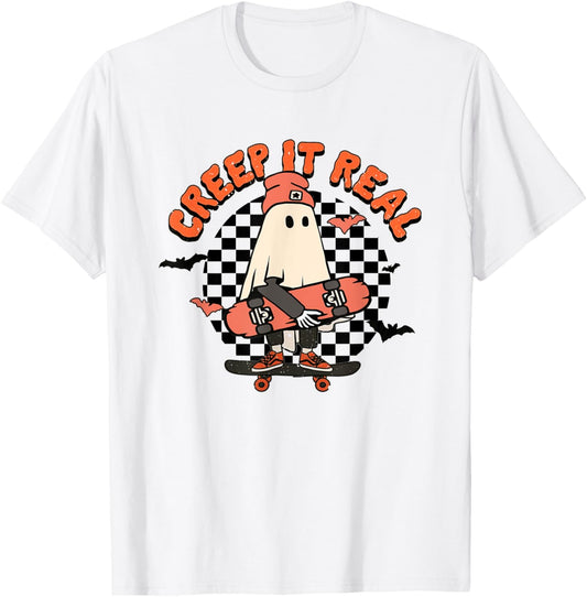 Creep It Real Retro Vintage Ghost Skateboard Halloween Fall T-Shirt - T-Shirt | White
