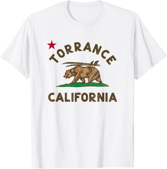 Torrance California Beach Flag Bear Surf CA Vintage T-Shirt - T-Shirt | White