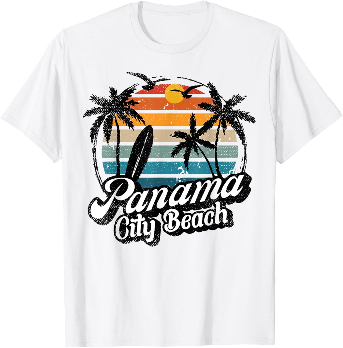 Panama City-Beach Florida Palm Tree Surf Retro beach Sunset Men Women Kids T-Shirt - T-Shirt | White