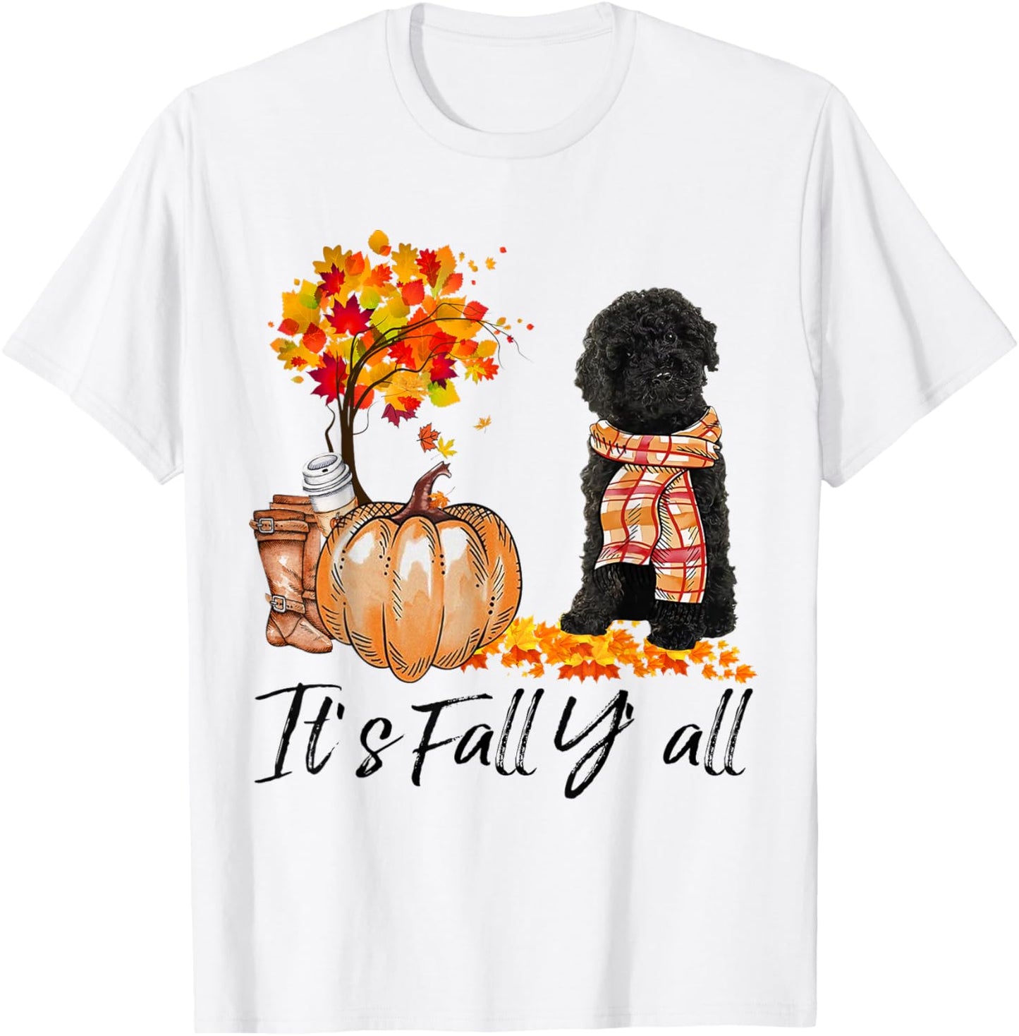 Black Labradoodle It's Fall Y'all Pumpkin Autumn Gift T-Shirt - T-Shirt | White