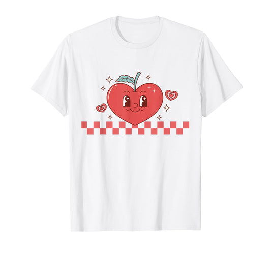 Cute Retro Checkered Apple with Face Teacher Heart Trendy T-Shirt for Men Women Kids
