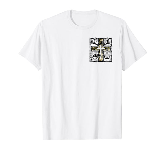 (2sided) Fishing Cross Camo Faith Christian Fisherman Hunter T-Shirt