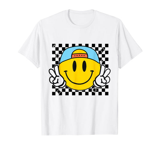 Yellow Smile Face Cute Checkered Peace Smiling Happy Face T-Shirt
