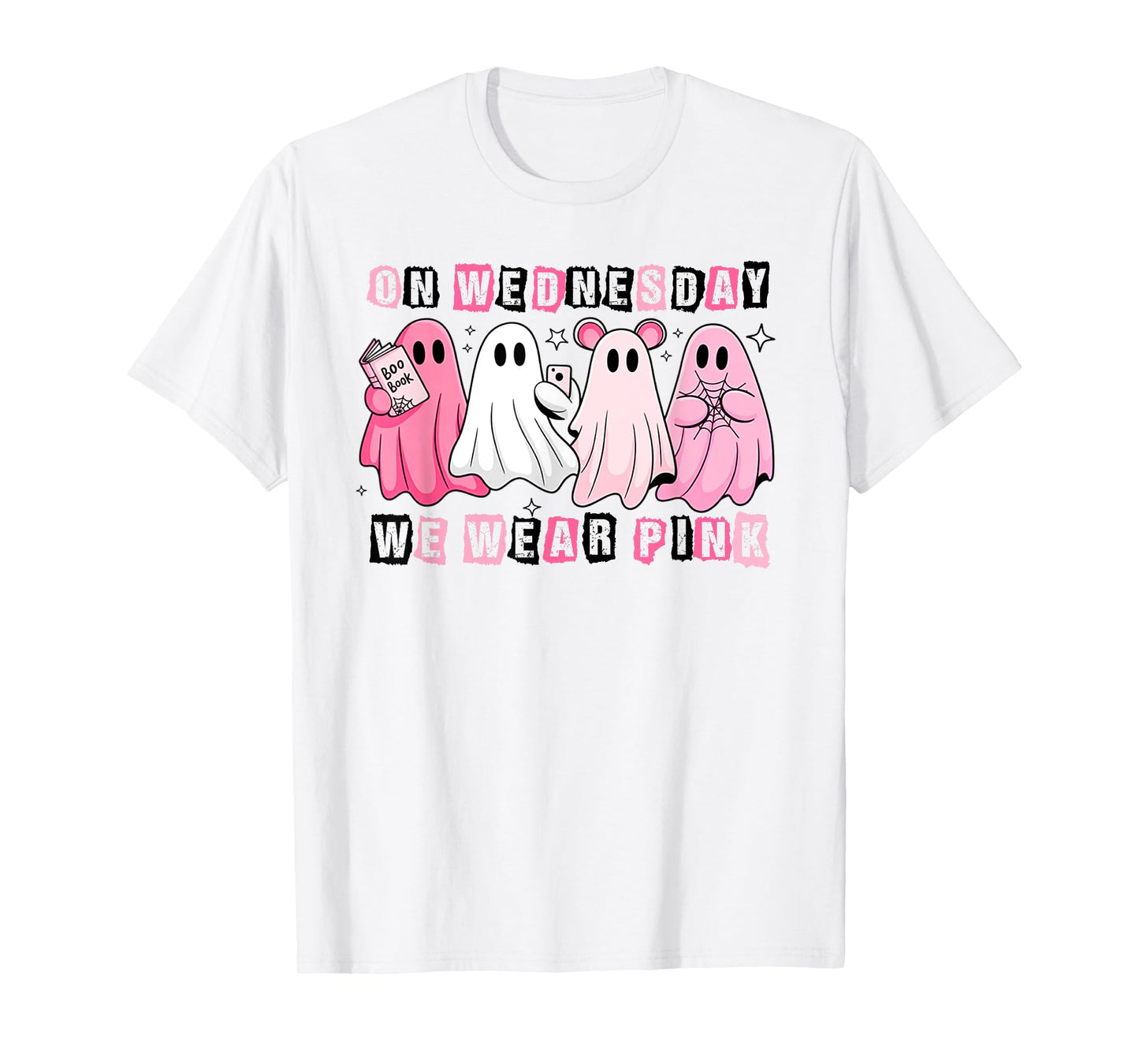 Funny On Wednesday We Wear Cute Pink Ghost Halloween T-Shirt