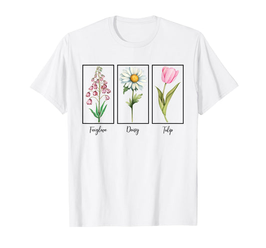 Vintage Floral Plant Foxglove Daisy Tulip Flowers Mom Women T-Shirt