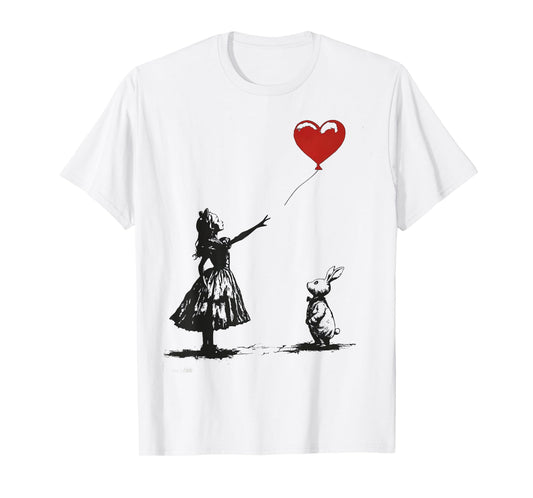 Alice in Wonderland with Balloon Rabbit Whimsical Fantasy T-Shirt