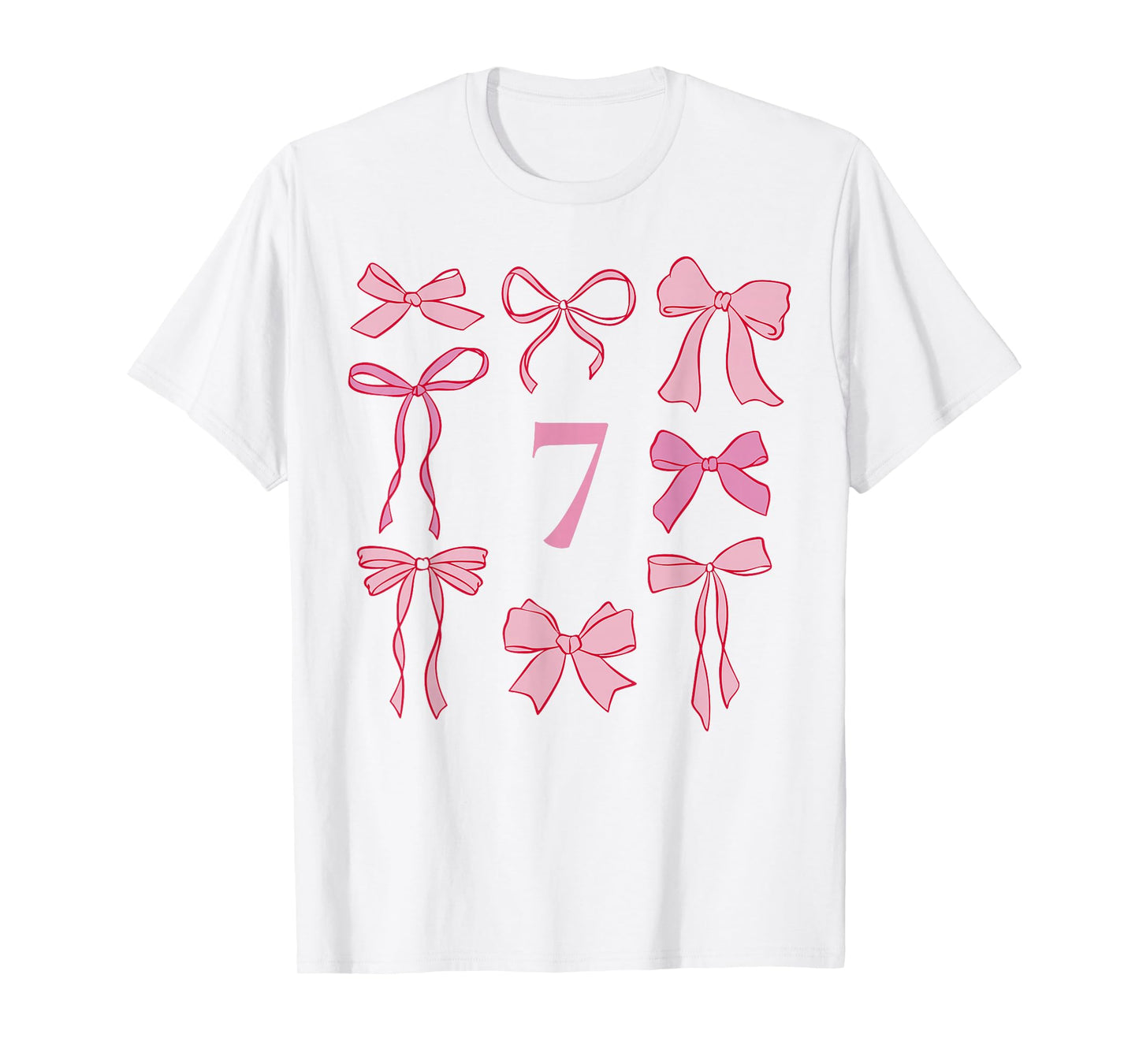 Hello Seven Coquette Preppy Pink Bow 7th Birthday Girl T-Shirt