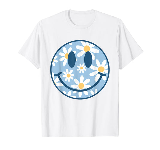 Retro Blue Happy Face Checkered Pattern Smile Face Trendy T-Shirt