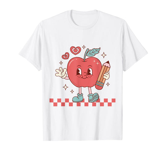 Cute Retro Checkered Apple with Face Teacher Pencil Trendy T-Shirt