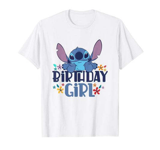Disney Lilo & Stitch Birthday Girl Happy Stitch Floral Logo T-Shirt