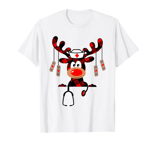 Nurse Christmas Reindeer Nurse Plaid NICU RN LPN Scrub Top T-Shirt