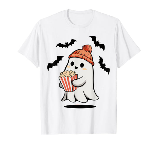 Funny Ghost Eating Pop Corn Lovers Spooky Halloween T-Shirt