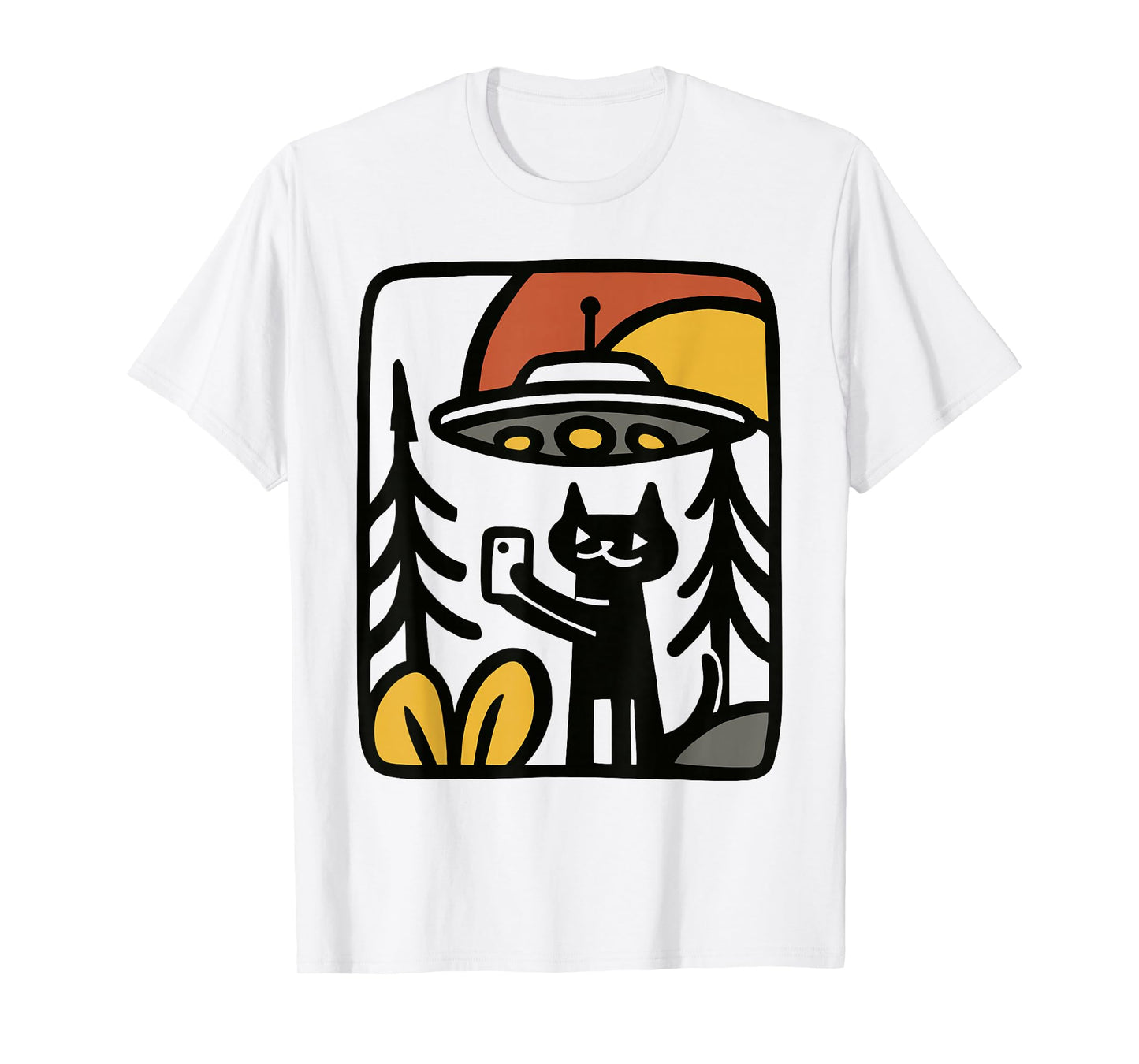 Black Cat UFO Selfie – Funny Alien Forest Art Illustration T-Shirt