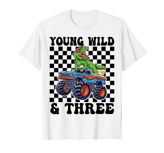 3rd Birthday Monster Truck Young Wild And Three 3 Year Old T-Shirt