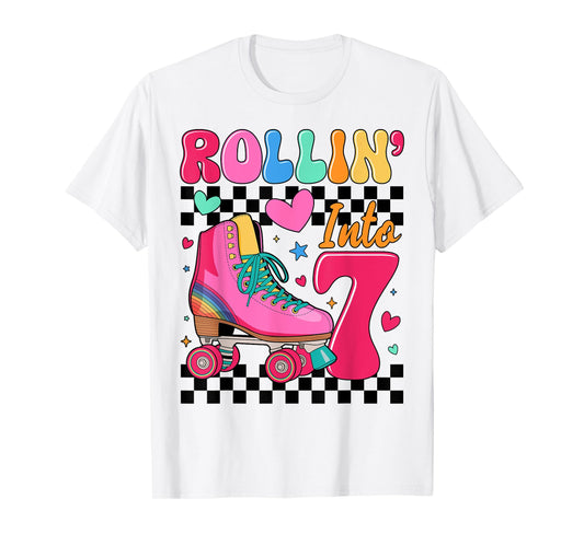 Rolling Into 7 Years Old Roller Skating Girl 7th Birthday T-Shirt