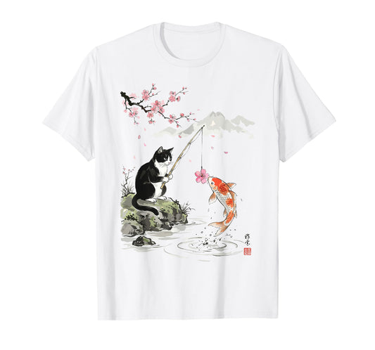 Japanese Cherry Blossom Cat Koi Fishing Funny T-Shirt