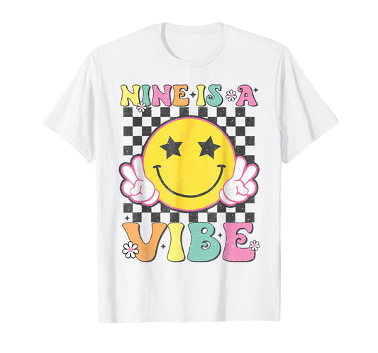 Nine Is A Vibe 9th Birthday Groovy Smile Face 9 Years Old T-Shirt