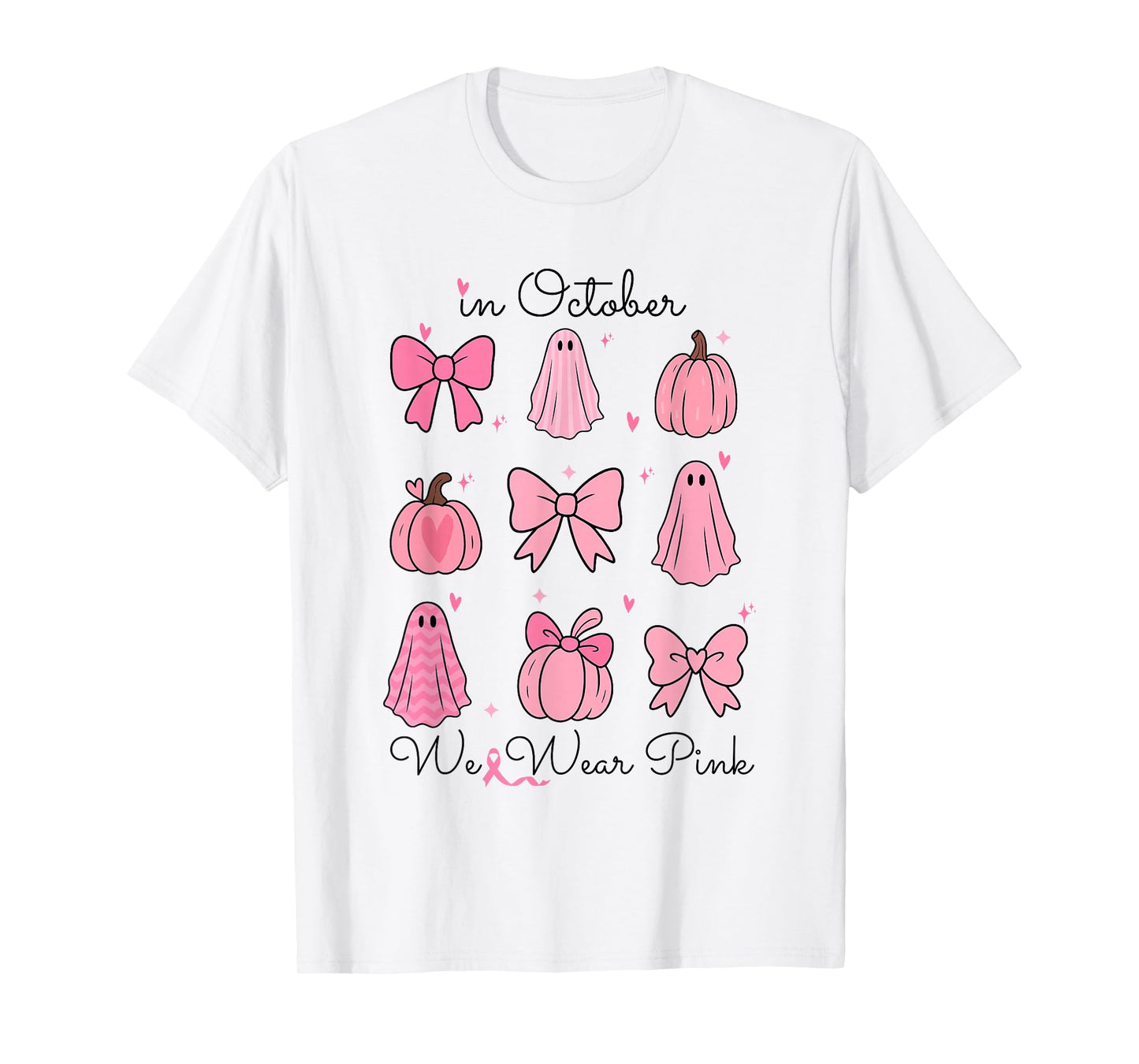 in October We Wear Pink Pumpkin Bows Ghost Breast Cancer T-Shirt