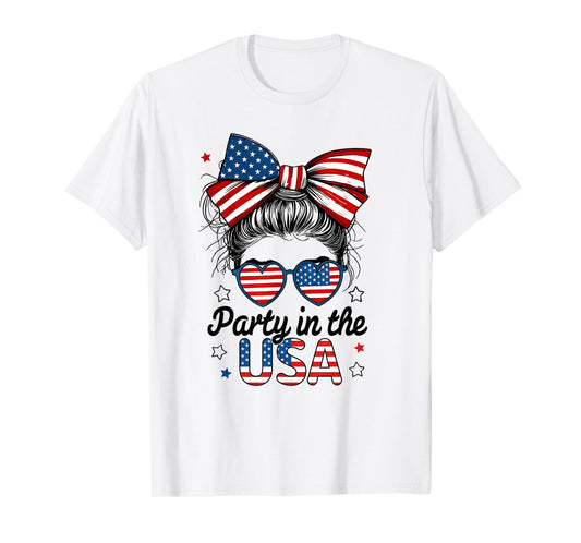 Party In USA Girls 4th of July Shirt Daughter Messy Bun USA T-Shirt