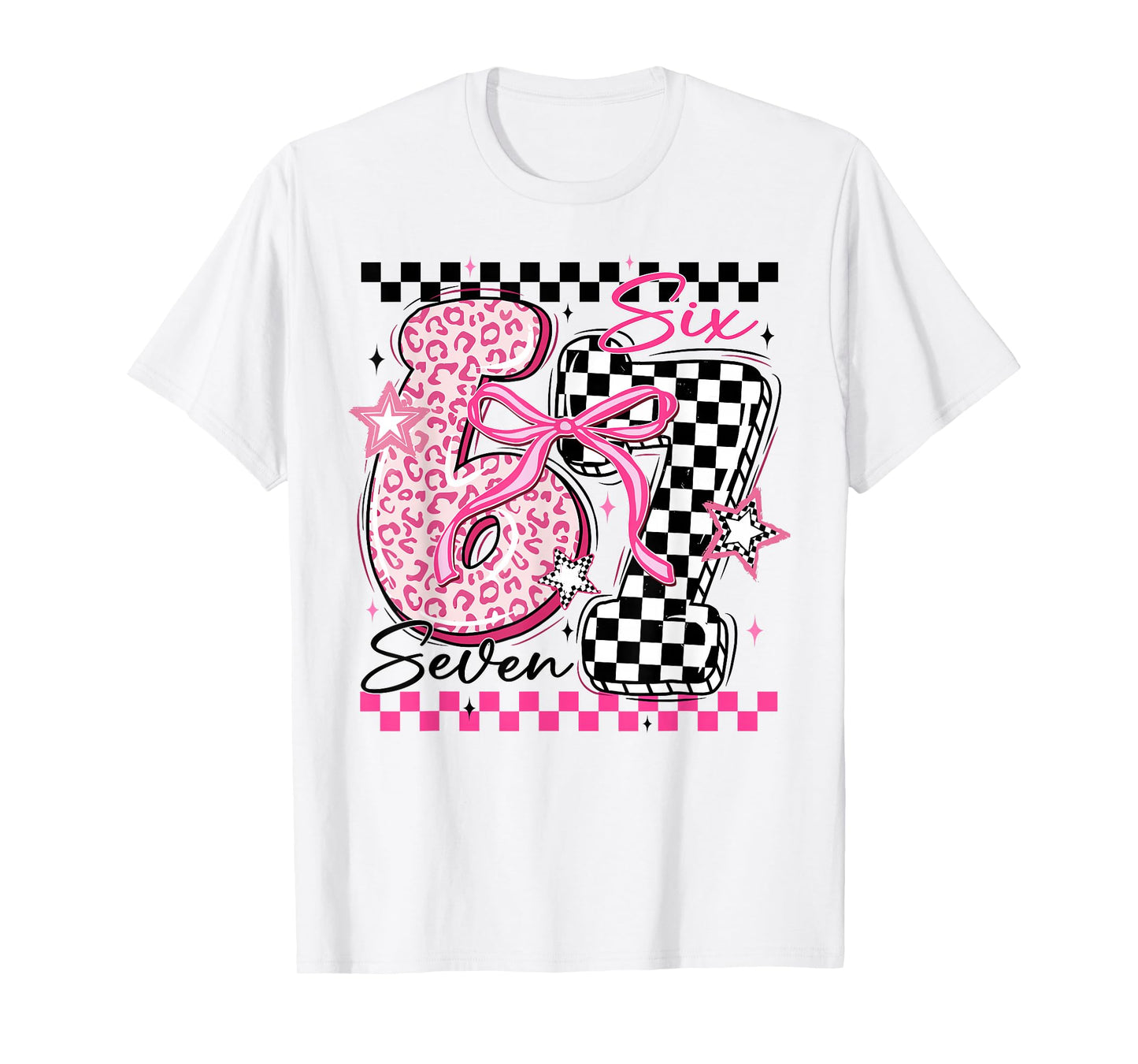 Six Seven 6 7 Leopard Checkered 67 Meme Teacher Women Girls T-Shirt