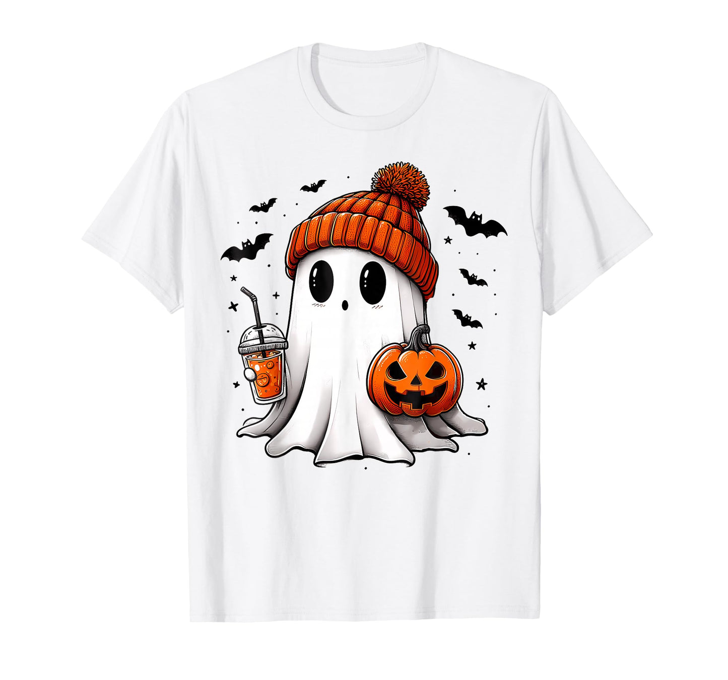 Cute Ghost Drinking Coffee Halloween Ghost Ice Coffee T-Shirt