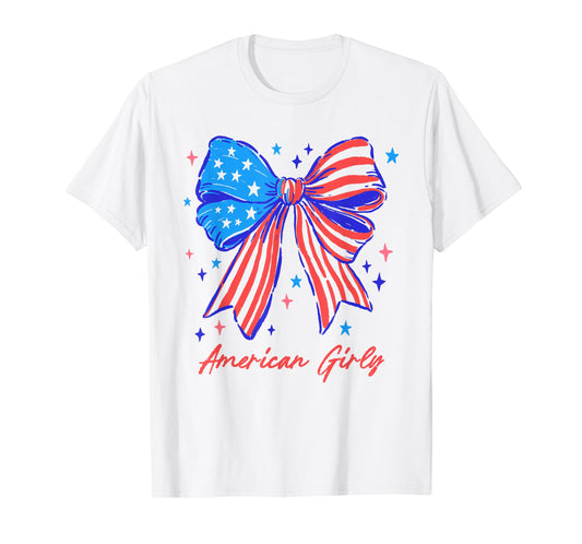 Coquette Bow USA Patriotic American Flag 4th of July Girl T-Shirt