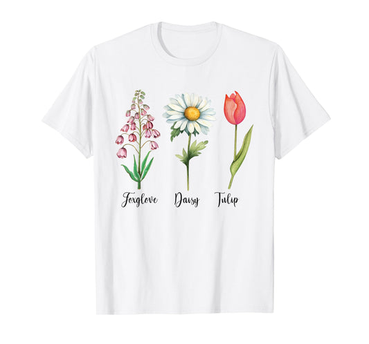 Vintage Floral Plant Foxglove Daisy Tulip Flowers Mom Women T-Shirt
