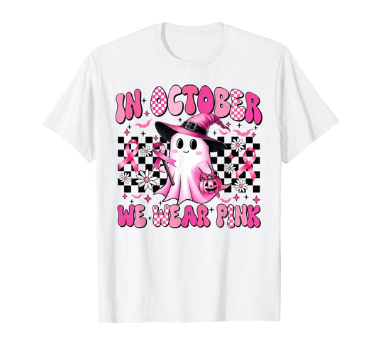 in October We Wear Pink Breast Cancer Awareness Halloween T-Shirt