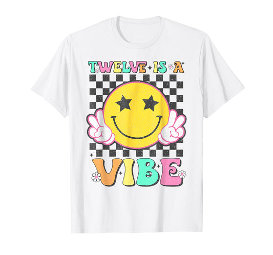 Twelve Is A Vibe 12th Birthday Groovy Smile Face 12Years Old T-Shirt