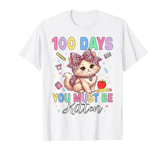 100 Days of School Girls Leopard Bow 100th Day of School Cat T-Shirt
