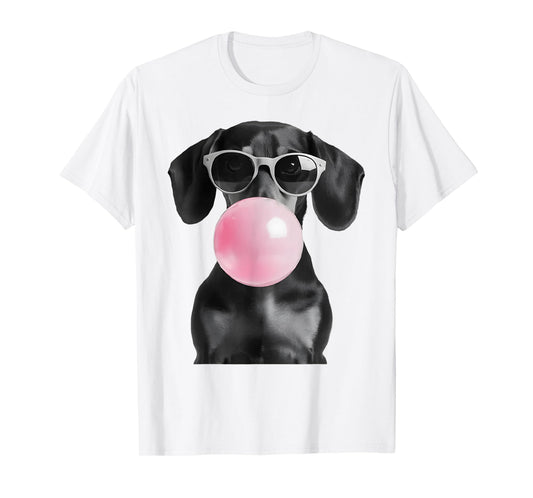 Cute Black Dachshund Dog With Heart Glasses Bubble Gum T-Shirt