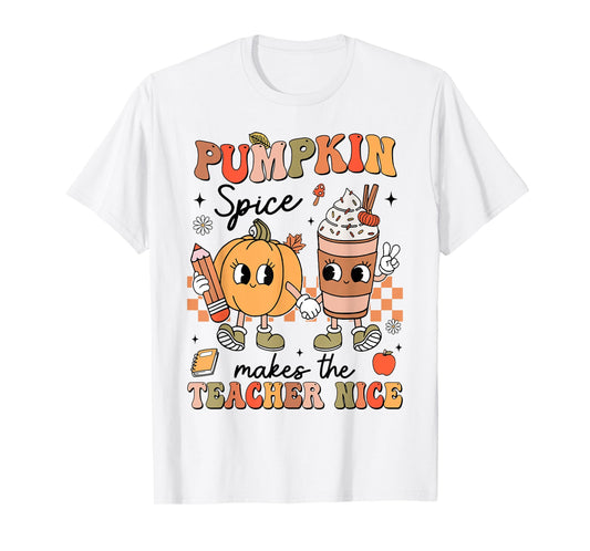 Groovy Pumpkin Spice Makes Teacher Nice Fall Thanksgiving T-Shirt