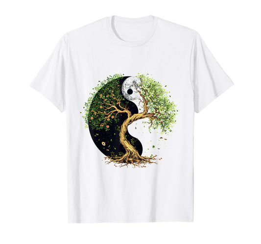 SoulVibes Creations Tree of Balance Yin and Yang T-Shirt, Small, White
