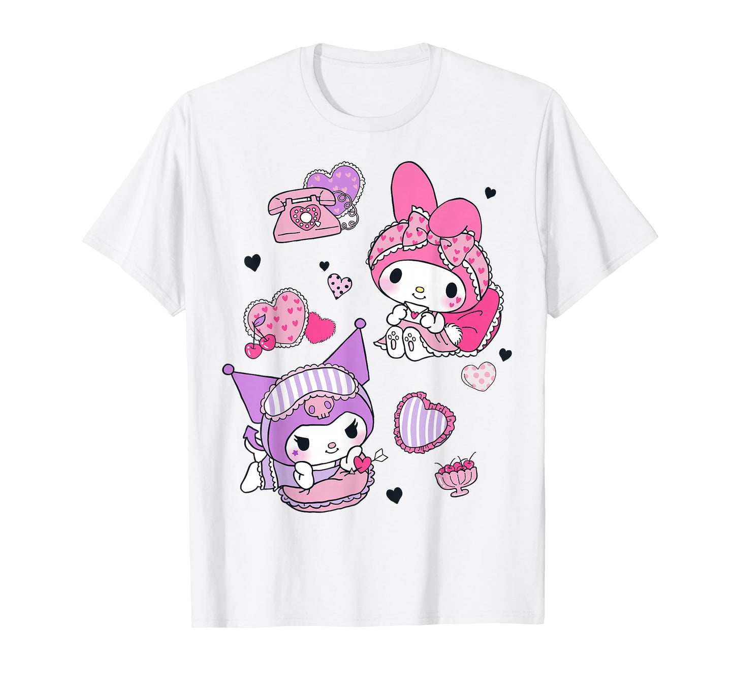 Hello Kitty My Melody and Kuromi Sleepover Fun Flying Hearts T-Shirt