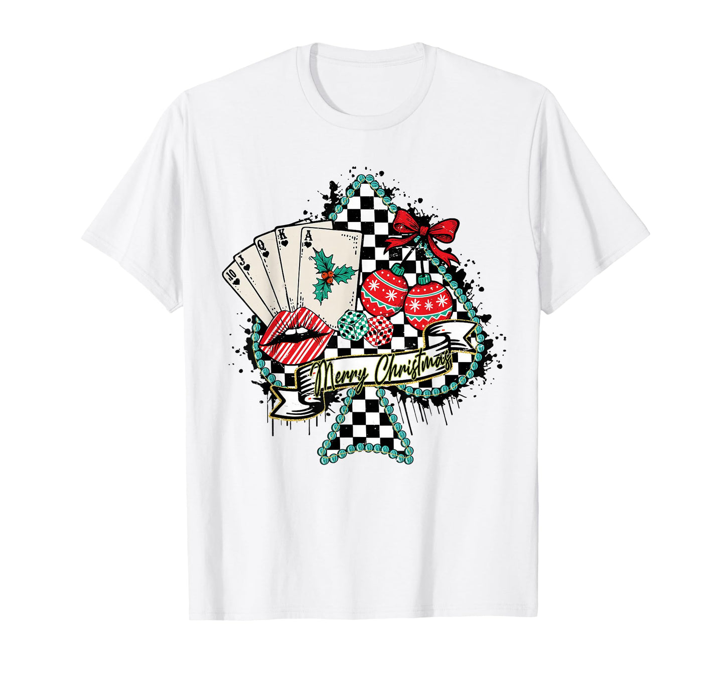 Merry Christmas Poker Queen Retro Checkered Spade Tee T-Shirt