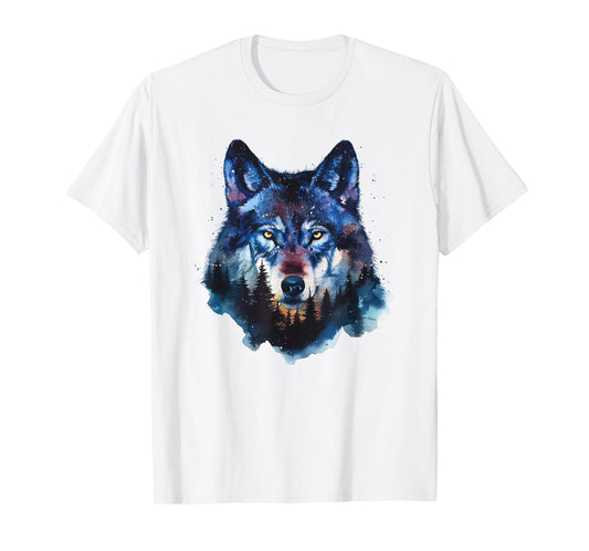 Wolf Splash Art Animal Face Forest Landscape Wolf T-Shirt