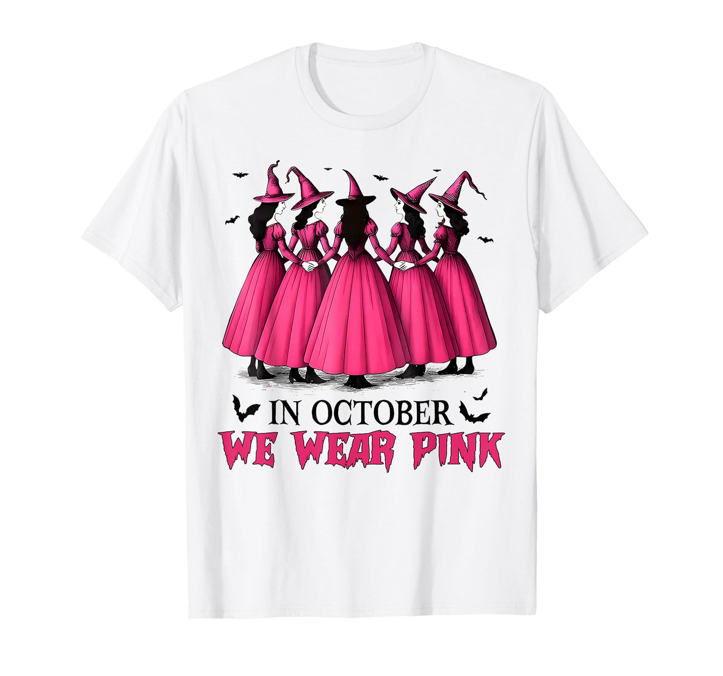 in October We Wear Pink Spooky Witch Halloween Breast Cancer T-Shirt