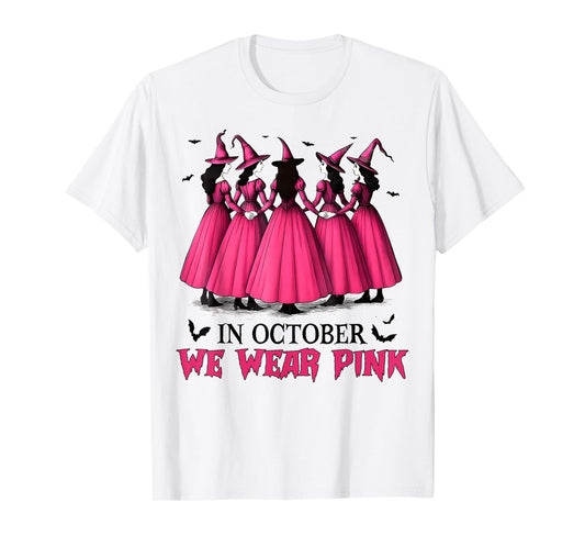 in October We Wear Pink Spooky Witch Halloween Breast Cancer T-Shirt