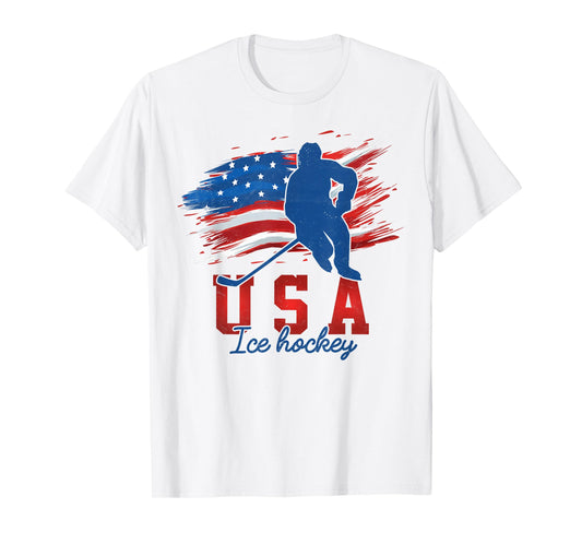 American Flag Ice Hockey 4th of July USA Support Team T-Shirt