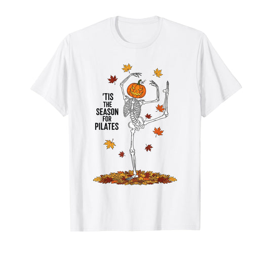 Funny Pilates Skeleton Pumpkin Yoga Halloween Fall Workout T-Shirt