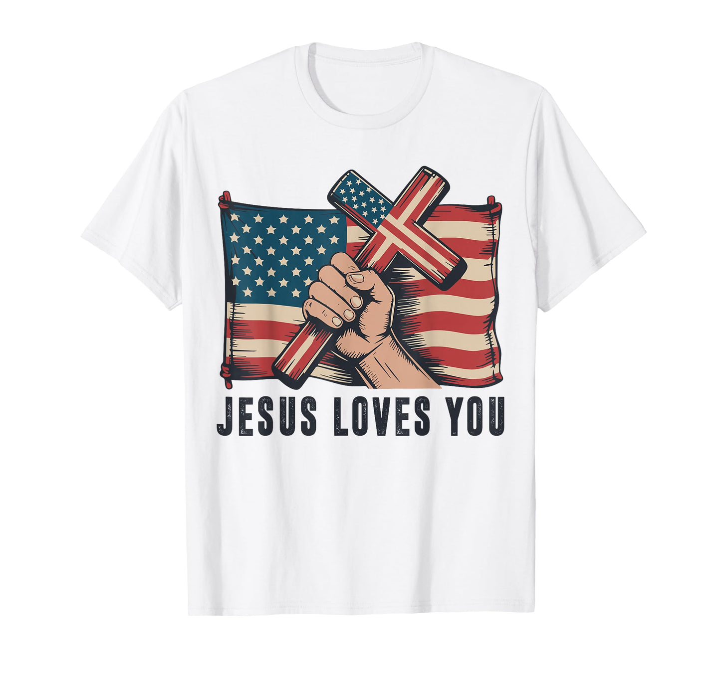 Mens Jesus Loves You American Flag Christian Patriotic Cross T-Shirt
