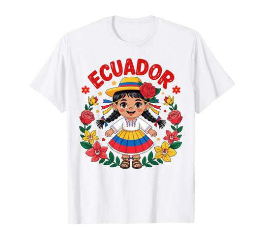 Cute Ecuador Girl Traditional Dress Flag Colors Art for Kids T-Shirt