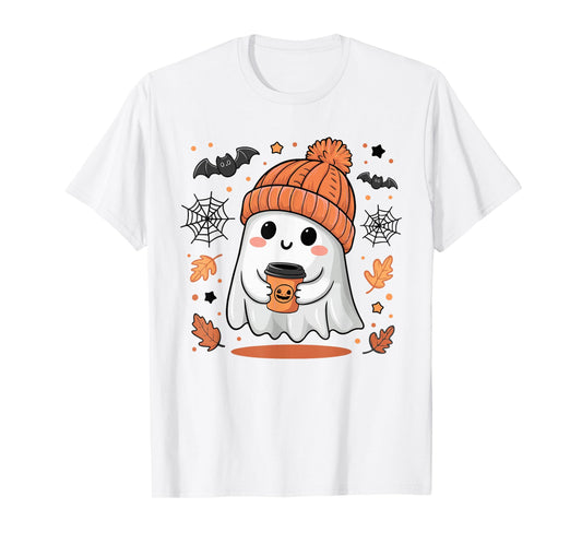 Cute Ghost Drinking Coffee Halloween Ghost Ice Coffee Womens T-Shirt