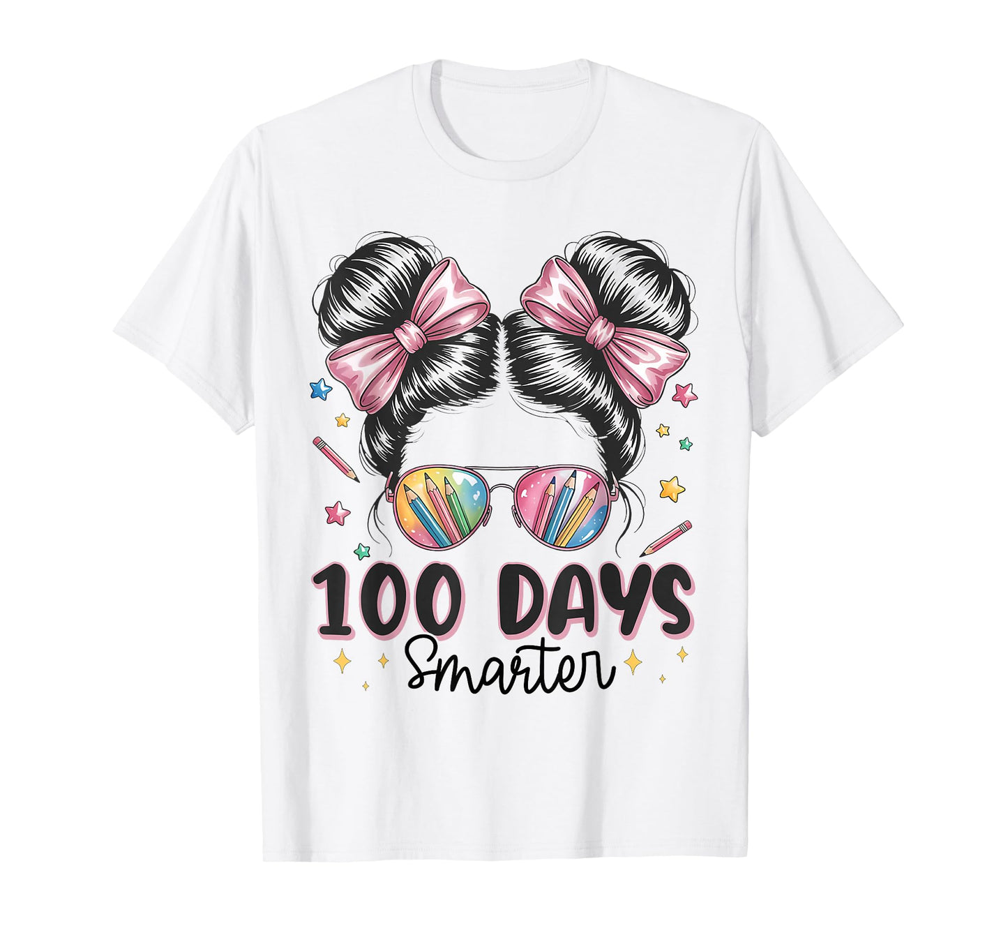 100 Days Smarter Messy Bun Girls 100th Day of School Kids T-Shirt