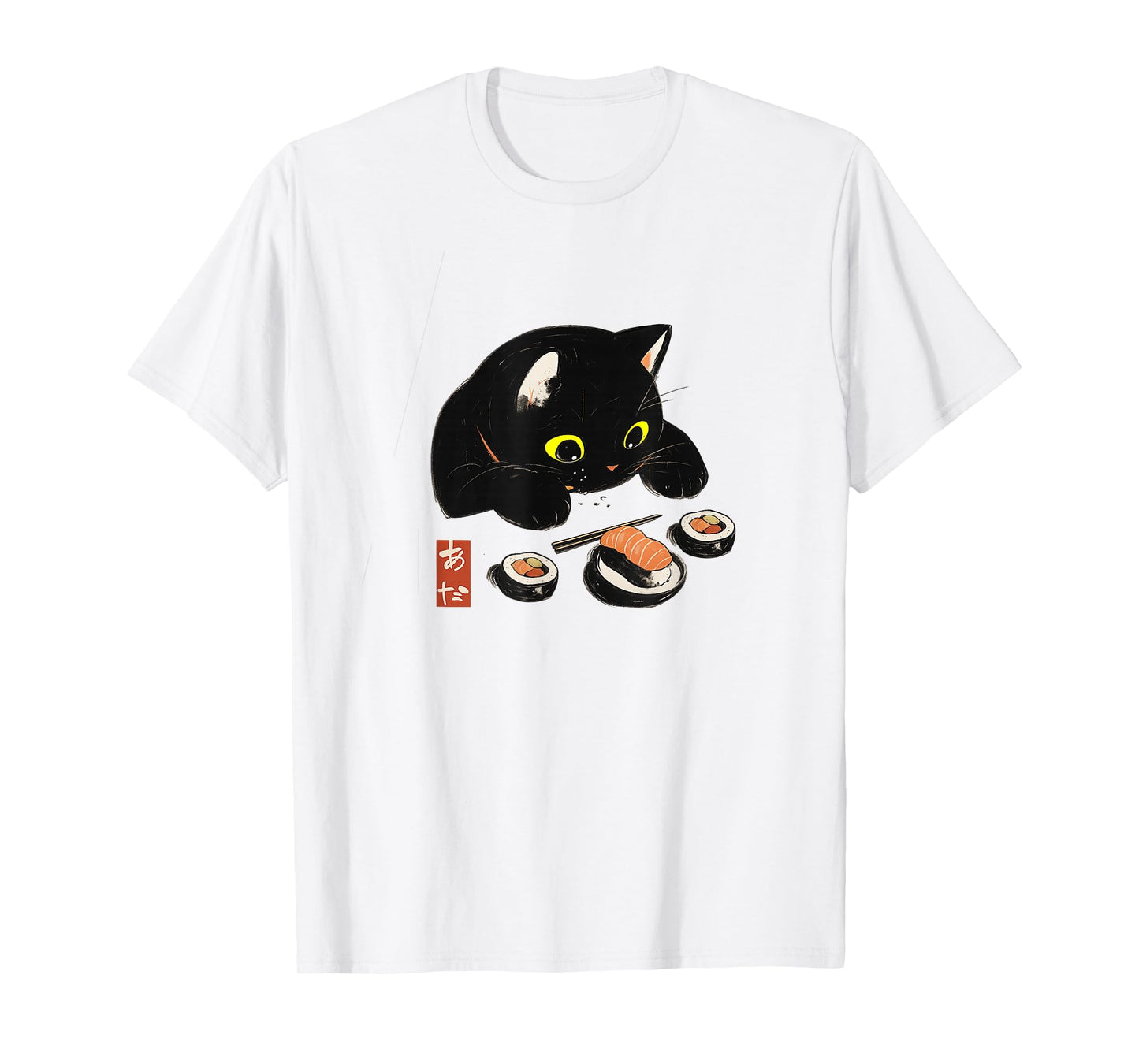 Kawaii Cat Eating Sushi Funny Japanese Anime Cute Black Cat T-Shirt